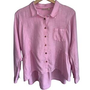 ANTHROPOLOGIE Holding Horses Linen McKenzie Peplum Blouse Pink ButtonUp Top‎ MP